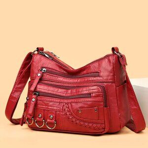 Vintage Multi-Zipper Shoulder Bag - Red‎